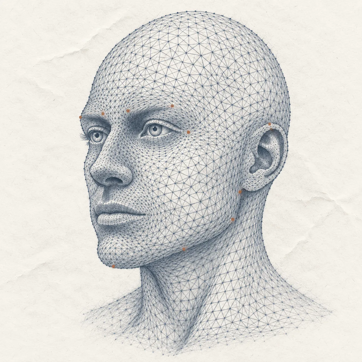 Pencil study of a human face with a fine facial landmark mesh